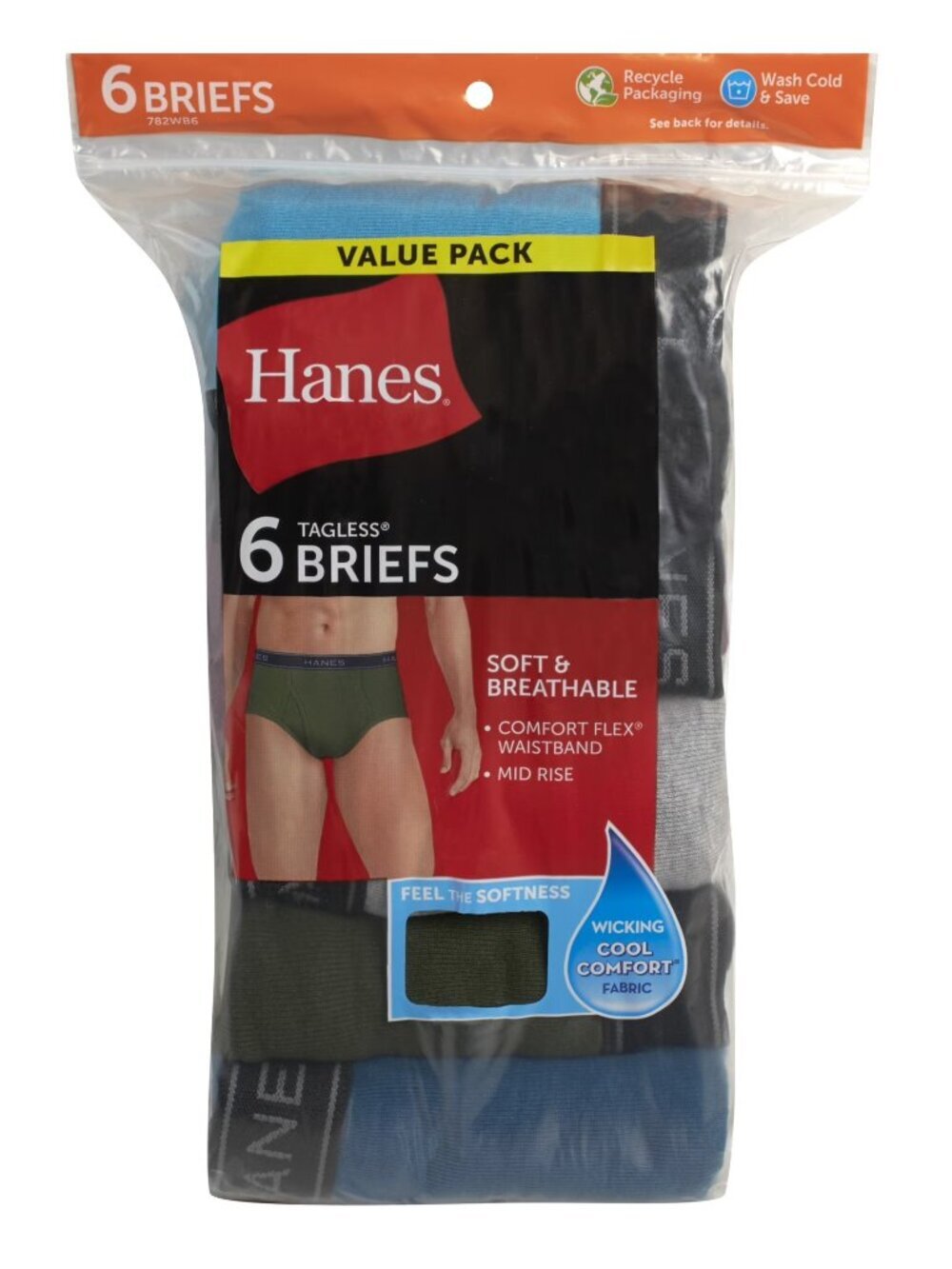 Hanes Comfort Flex Briefs Underwear Mid-Rise 6-Pack Multi-color Men's Size Large
